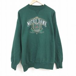 【50%OFF】XL★古着 長袖 スウェット メンズ 90年代 90s ノートルダム 刺繍 大きいサイズ ロング丈 クルーネック 濃緑 グリーン 24dec04 中古 スエット トレーナー トップス