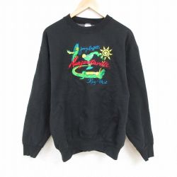 L★古着 フルーツオブザルーム 長袖 スウェット メンズ 90年代 90s マルガリータビル 刺繍 クルーネック USA製 黒 ブラック 24dec04 中古 スエット トレーナー トップス
