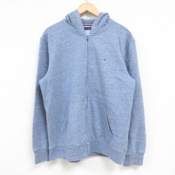 L★古着 トミーヒルフィガー TOMMY HILFIGER 長袖 ブランド フルジップ スウェット パーカー メンズ 00年代 00s ワンポイントロゴ 薄紺 ネイビー 霜降り 24dec05 中古 スエット トレーナー トップス