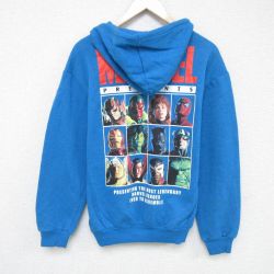 L★古着 長袖 スウェット パーカー メンズ マーベル スパイダーマン アイアンマン 青 ブルー 霜降り 24dec06 中古 スエット トレーナー トップス