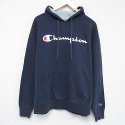 XL★古着 チャンピオン Champion 長袖 スウェット パーカー メンズ ビッグロゴ 大きいサイズ 紺 ネイビー 24dec06 中古 スエット トレーナー トップス