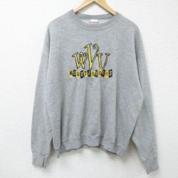 XL★古着 長袖 スウェット メンズ 90年代 90s WVU 刺繍 クルーネック USA製 グレー 霜降り 24dec13 中古 スエット トレーナー トップス