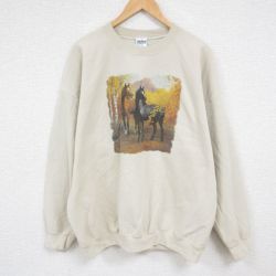 XL★古着 長袖 スウェット メンズ 00年代 00s 馬 大きいサイズ クルーネック ベージュ カーキ 24dec11 中古 スエット トレーナー トップス