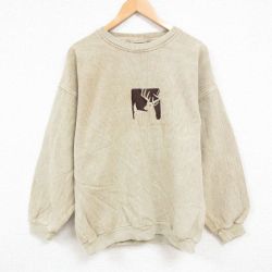 XL★古着 長袖 スウェット メンズ 90年代 90s シカ 刺繍 大きいサイズ コットン クルーネック USA製 ベージュ カーキ 24dec11 中古 スエット トレーナー トップス