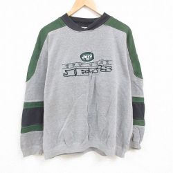 XL★古着 長袖 スウェット メンズ 90年代 90s NFL ニューヨークジェッツ 刺繍 マルチカラー 大きいサイズ ラグラン クルーネック グレー他 アメフト スーパーボウル 24dec11 中古 スエット トレーナー トップス