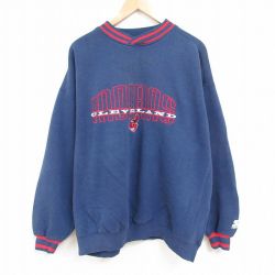XL★古着 スターター STARTER 長袖 スウェット メンズ 00年代 00s MLB クリーブランドインディアンズ 刺繍 大きいサイズ クルーネック 紺 ネイビー メジャーリーグ ベースボール 野球 【spe】 24dec11 中古 スエット トレーナー トップス