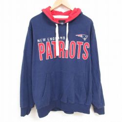 XL★古着 長袖 スウェット パーカー メンズ NFL ニューイングランドペイトリオッツ 刺繍 大きいサイズ 紺 ネイビー アメフト スーパーボウル 24dec11 中古 スエット トレーナー トップス
