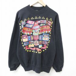 L★古着 長袖 スウェット メンズ 90年代 90s 鳥 クルーネック 黒 ブラック 24dec11 中古 スエット トレーナー トップス