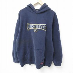 XL★古着 クイックシルバー QUIKSILVER 長袖 スウェット パーカー メンズ ビッグロゴ 刺繍 大きいサイズ 紺 ネイビー 24dec11 中古 スエット トレーナー トップス