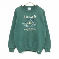 L★古着 ディスカス 長袖 スウェット メンズ 90年代 90s アイルランド 刺繍 クルーネック 緑 グリーン 24dec12 中古 スエット トレーナー トップス