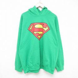 XL★古着 長袖 スウェット パーカー メンズ 00年代 00s DCコミックス スーパーマン 大きいサイズ 緑 グリーン 24dec12 中古 スエット トレーナー トップス