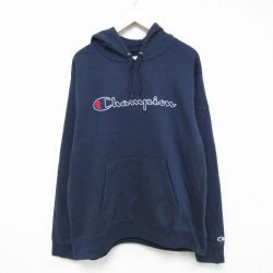 XL★古着 チャンピオン Champion 長袖 スウェット パーカー メンズ ビッグロゴ 大きいサイズ 紺 ネイビー 24dec12 中古 スエット トレーナー トップス