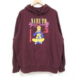 XL★古着 長袖 スウェット パーカー メンズ アニメ NARUTO ナルト疾風伝 エンジ 24dec12 中古 スエット トレーナー トップス