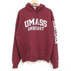 L★古着 チャンピオン Champion 長袖 スウェット パーカー メンズ UMASS エンジ 24dec12 中古 スエット トレーナー トップス