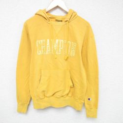 L★古着 チャンピオン Champion 長袖 スウェット パーカー メンズ ビッグロゴ 刺繍 黄 イエロー 24dec18 中古 スエット トレーナー トップス
