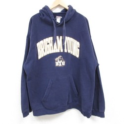 XL★古着 長袖 スウェット パーカー メンズ BRIGHAM YOUNG 大きいサイズ 紺 ネイビー 24dec13 中古 スエット トレーナー トップス