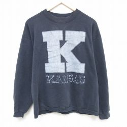 L★古着 長袖 スウェット メンズ 90年代 90s カンザス クルーネック 濃グレー 24dec12 中古 スエット トレーナー トップス