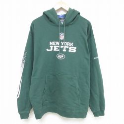 XL★古着 リーボック REEBOK 長袖 スウェット パーカー メンズ NFL ニューヨークジェッツ 大きいサイズ 緑 グリーン アメフト スーパーボウル 24dec12 中古 スエット トレーナー トップス