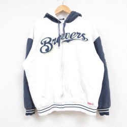 XL★古着 長袖 フルジップ スウェット パーカー メンズ MLB ミルウォーキーブルワーズ ツートンカラー 白他 ホワイト メジャーリーグ ベースボール 野球 24dec14 中古 スエット トレーナー トップス