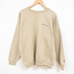XL★古着 チャンピオン Champion 長袖 スウェット メンズ 00年代 00s ワンポイントロゴ 大きいサイズ クルーネック ベージュ カーキ 24dec14 中古 スエット トレーナー トップス