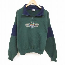 XL★古着 長袖 ハーフジップ スウェット メンズ 90年代 90s 刺繍 ツートンカラー 大きいサイズ カナダ製 濃緑他 グリーン 24dec14 中古 スエット トレーナー トップス