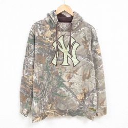 XL★古着 長袖 スウェット パーカー メンズ MLB ニューヨークヤンキース リアルツリー 大きいサイズ 茶他 ブラウン 迷彩 メジャーリーグ ベースボール 野球 24dec16 中古 スエット トレーナー トップス