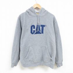XL★古着 長袖 スウェット パーカー メンズ CAT 刺繍 大きいサイズ グレー 霜降り 24dec16 中古 スエット トレーナー トップス