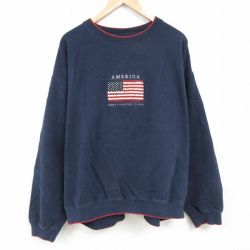 【50%OFF】XL★古着 長袖 スウェット メンズ 00年代 00s 星条旗 刺繍 大きいサイズ クルーネック 濃紺 ネイビー 24dec17 中古 スエット トレーナー トップス