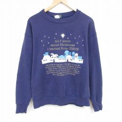 【50%OFF】L★古着 長袖 スウェット メンズ 90年代 90s クリスマス クルーネック 紺 ネイビー 24dec17 中古 スエット トレーナー トップス