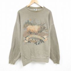 【50%OFF】XL★古着 長袖 スウェット メンズ 90年代 90s ヘラジカ エルク 大きいサイズ クルーネック ベージュ カーキ 24dec17 中古 スエット トレーナー トップス