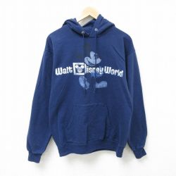 【20%OFF】M★古着 ヘインズ Hanes 長袖 スウェット パーカー メンズ ディズニー DISNEY ミッキー MICKEY MOUSE 紺 ネイビー 24dec18 中古 スエット トレーナー トップス