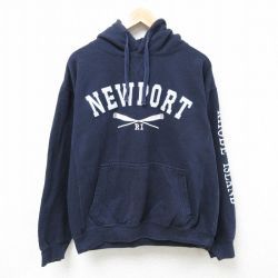 L★古着 長袖 スウェット パーカー メンズ ニューポート 刺繍 紺 ネイビー 24dec18 中古 スエット トレーナー トップス