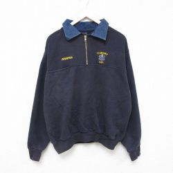 XL★古着 長袖 ハーフジップ スウェット メンズ 90年代 90s ティズベリー ヒジ当て 襟付き USA製 紺 ネイビー 24dec19 中古 スエット トレーナー トップス
