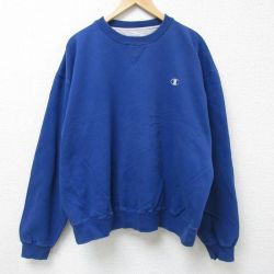 XL★古着 チャンピオン Champion 長袖 スウェット メンズ ワンポイントロゴ 大きいサイズ クルーネック 青 ブルー 24dec20 中古 スエット トレーナー トップス