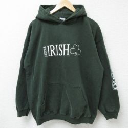 XL★古着 長袖 スウェット パーカー メンズ 00年代 00s IRISH クローバー 濃緑 グリーン 24dec27 中古 スエット トレーナー トップス