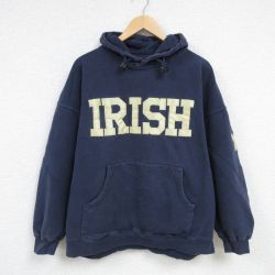 XL★古着 長袖 スウェット パーカー メンズ IRISH 刺繍 大きいサイズ 紺 ネイビー 24dec23 中古 スエット トレーナー トップス