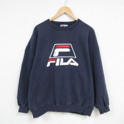 XL★古着 フィラ FILA 長袖 スウェット メンズ 00年代 00s ビッグロゴ 刺繍 大きいサイズ クルーネック 紺 ネイビー 24dec23 中古 スエット トレーナー トップス