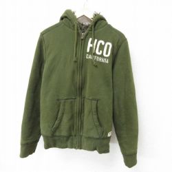 L★古着 ホリスター Hollister 長袖 フルジップ スウェット パーカー メンズ ワンポイントロゴ タロン 濃緑 グリーン 内側ファー 24dec24 中古 スエット トレーナー トップス