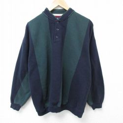 XL★古着 長袖 スウェット メンズ 00年代 00s ON LINE ツートンカラー 大きいサイズ ヘンリーネック 濃緑他 グリーン 25jan09 中古 スエット トレーナー トップス