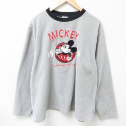 XL★古着 長袖 フリース トップス メンズ 00年代 00s ディズニー DISNEY ミッキー MICKEY MOUSE 刺繍 大きいサイズ ポリエステル クルーネック グレー 霜降り 25jan09 中古 スエット トレーナー