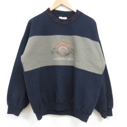 【50%OFF】L★古着 長袖 スウェット メンズ 00年代 00s メルボルン カンガルー 刺繍 ツートンカラー クルーネック 紺 ネイビー 24dec28 中古 スエット トレーナー トップス