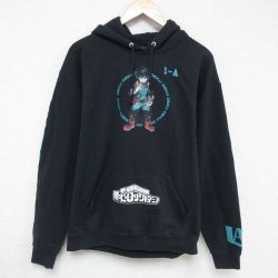 L★古着 長袖 スウェット パーカー メンズ アニメ 僕のヒーローアカデミア 緑谷出久 グリーン 黒 ブラック 25jan07 中古 スエット トレーナー トップス