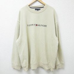 XL★古着 トミーヒルフィガー TOMMY HILFIGER 長袖 ブランド スウェット メンズ 00年代 00s ビッグロゴ 刺繍 大きいサイズ クルーネック ベージュ カーキ 【spe】 25jan10 中古 スエット トレーナー トップス