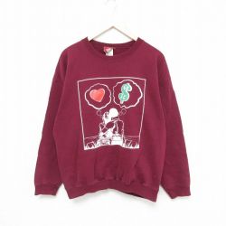 【50%OFF】L★古着 長袖 スウェット メンズ 人 ハート クルーネック エンジ 25jan07 中古 スエット トレーナー トップス