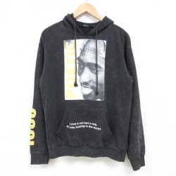 【50%OFF】M★古着 長袖 スウェット パーカー メンズ 映画 ポエティックジャスティス トゥパック 2パック 2PAC 黒 ブラック ブリーチ加工 25jan11 中古 スエット トレーナー トップス