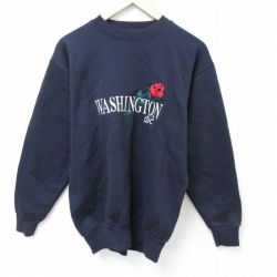 【50%OFF】M★古着 長袖 スウェット メンズ 90年代 90s ワシントン 花 刺繍 クルーネック USA製 黒 ブラック 25jan15 中古 スエット トレーナー トップス