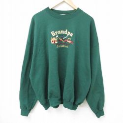 【50%OFF】XL★古着 ヘインズ Hanes 長袖 スウェット メンズ 00年代 00s 家 車 刺繍 大きいサイズ クルーネック 緑 グリーン 25jan15 中古 スエット トレーナー トップス