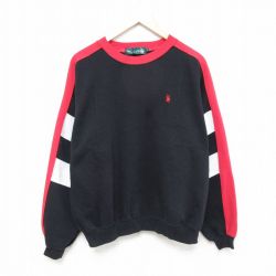 XL★古着 長袖 スウェット メンズ 90年代 90s マルチカラー 大きいサイズ ラグラン クルーネック 黒他 ブラック 25jan27 中古 スエット トレーナー トップス