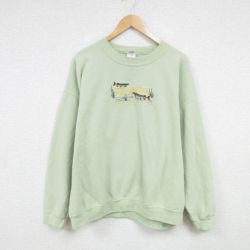 XL★古着 長袖 スウェット メンズ 00年代 00s 魚 刺? 大きいサイズ クルーネック 薄緑 グリーン 25jan20 中古 スエット トレーナー トップス