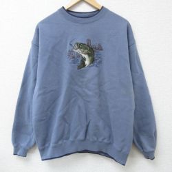L★古着 長袖 スウェット メンズ 00年代 00s バス 刺繍 クルーネック 水色 25jan25 中古 スエット トレーナー トップス